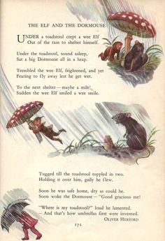 an old children's book with pictures of animals and mushrooms