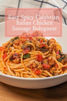 side view of the Easy Spicy Calabrian Italian Chicken Sausage Bolognese om a wide rim bowl with a kitchen towel in the background Chicken Bolognese, Broccoli Pasta Salads, Bolognese Pasta, Pasta Bolognese, Carbonara Recipe