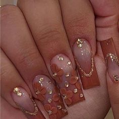 Super Cute And Stylish Ships In 5-10 Business Days Yellow Fall Nails Design, Acrylic Nails With Glitter, Brown Acrylic Nails, Brown French, Nagellack Trends, Long Nail Designs, Girly Acrylic Nails, Cute Acrylic Nail Designs, Her Nails