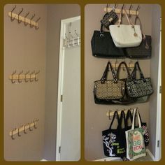 purses and handbags are hanging on the wall