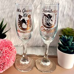 two wine glasses sitting on top of a table next to a potted succulent