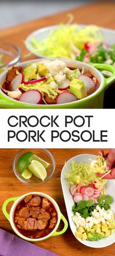 the crock pot pork posole recipe is ready to be eaten and served