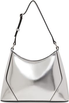 Polished leather shoulder bag in metallic silver tone. · Adjustable shoulder strap · Logo hardware at face · Zip closure · Suede lining · Logo-engraved silver-tone hardware · H7.5 x W9.75 x D2.75 Supplier color: Chrome Modern Leather Shoulder Bag With Silver-tone Logo, Modern Shoulder Bag With Silver-tone Logo Plaque, Formal Crossbody Shoulder Bag With Silver-tone Logo Plaque, Modern Metallic Bag With Silver-tone Logo Plaque, Modern Evening Shoulder Bag With Silver-tone Logo, Evening Shoulder Bag With Silver-tone Logo, Silver Shoulder Bag With Top Handle And Silver-tone Logo, Modern Silver Shoulder Bag With Silver-tone Logo Plaque, Silver Crossbody Shoulder Bag With Silver-tone Logo