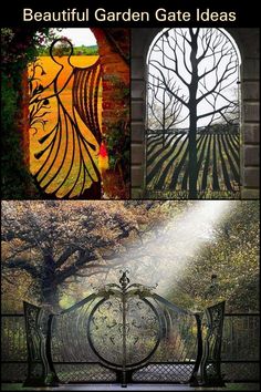 four different images with the words beautiful garden gate ideas written on them and an image of a bench in front of a tree