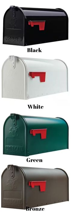 four different types of mailboxes with red and black letters on them, all in different colors