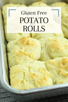 gluten free potato rolls in a pan on a cooling rack with text overlay