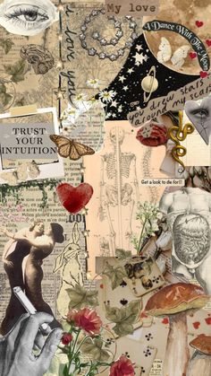 altered collage with many different images and words on it's side, including an image of a woman holding a pen