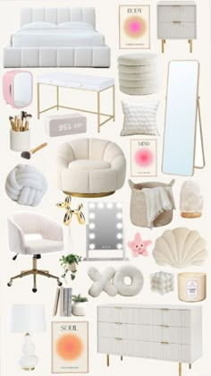 a collage of white furniture and accessories including a bed, dresser, mirror, desk, chair, lamp