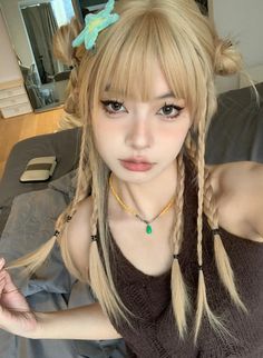 Rave Wig Outfit, Japanese Inspired Hairstyles, Cute Y2k Hairstyles With Bangs, Pigtail Hairstyles With Bangs, Hairstyles W Bangs, Japanese Hair Dye, Y2k Haircut, Hairstyles Ribbon, Hairstyles Y2k