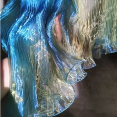 Designer Fabric Warm Gold Blue Light Organ Pleated Organza Fabric Large Wave Laser Water Light Full Pleated Organza, Large Waves, Winter Formal Dresses, Ethereal Aesthetic, Winter Formal, Full Dress, Organza Fabric, Color Inspo, Water Lighting