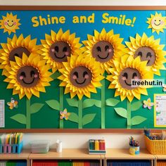 a bulletin board with sunflowers painted on the front and back wall, along with other school supplies