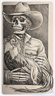 a drawing of a skeleton in a cowboy hat holding a rooster with his arms wrapped around him