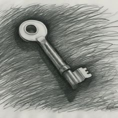 a pencil drawing of a key on top of some grass