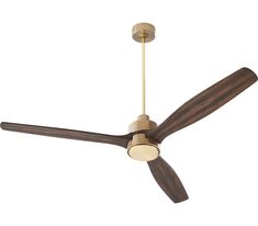 a ceiling fan with two wooden blades and a light on the top one is brown