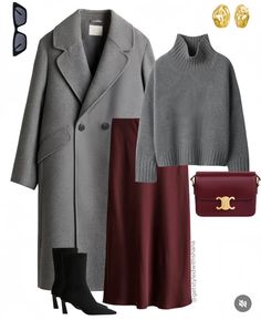 Burgundy Silk Skirt Outfit, Chic Mom Outfits, Silk Skirt Outfit, Simple Winter Outfits, Best Winter Outfits, Elegant Outfit Classy, Fashion Top Outfits, Elegant Dresses Classy