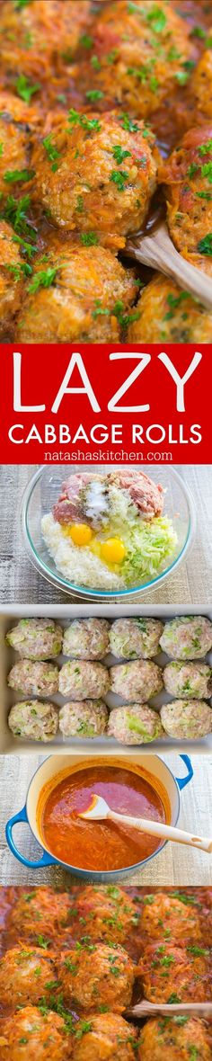 the cover of lazy cabbage rolls is shown in three different pictures, including one with meat and