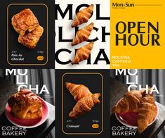 four different types of croissants on display in front of a yellow and black background