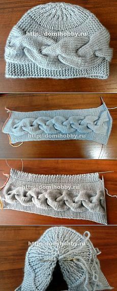 three pictures showing how to make a knitted hat