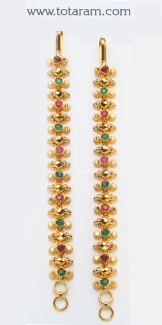 22 Karat Gold Ear Martiz with Ruby & Emerald - 1 Pair   (also known as Martiz or Over the ear Chain)    - 235-GEM015 - in 11.200 Grams for USD $1009.19.  Made in India by Totaram Jewelers Online this product is in Gold - 22 Karat BIS Hallmark 916 KDM Gold  & is an excellent gift for Adult - Women. Ships fully insured with secured guaranteed delivery for free with your order over $250 from New Jersey USA & comes with 30 days exchange policy. Gold Ear Chain, Ear Chain, Gold Jewelry Stores, Gold Pendant Jewelry, Gold Bride Jewelry, Bangles Jewelry Designs, Ruby Emerald, Bridal Gold Jewellery Designs, Gold Jewellery Design Necklaces