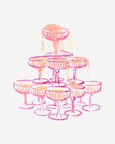 an artistic drawing of several wine glasses and a cake on a stand with chains hanging from it