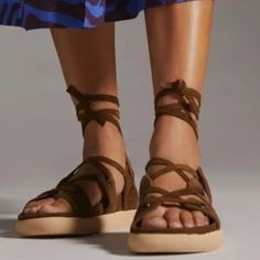 Anthropologie Gladiator Sandals Brown/Greenish Suede Very Sturdy And Comfortable Size 40 Spring Suede Ankle Strap Lace-up Sandals, Spring Suede Lace-up Ankle Strap Sandals, Casual Open Toe Lace-up Sandals With Cushioned Footbed, Casual Lace-up Open Toe Sandals With Cushioned Footbed, Casual Lace-up Platform Sandals, Brown Lace-up Sandals With Leather Footbed For Summer, Brown Casual Ankle Strap Lace-up Sandals, Casual Suede Sport Sandals With Cushioned Footbed, Flat Sport Sandals With Leather Footbed For Spring