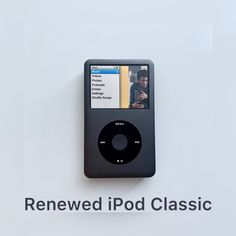 an ipod sitting on top of a white wall with the words, reinewed ipod classic