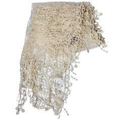 18" x 72" ivory lace scarf. Elegant Cream Lace Shawl, Cream One-size Shawl Scarves, One Size Lace Shawl, Cream Shawl Scarf One Size, Cream Bohemian Scarf For Wedding, Elegant One-size Lace Shawl, Elegant One Size Lace Shawl, Bohemian Lace Shawl With Lace Work, Bohemian Cream Lace Shawl