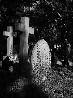 black and white photograph of headstones in cemetery