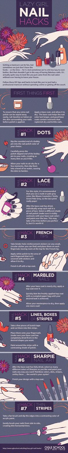 Lazy Girl Nail Hacks [by Ogle School -- via #tipsographic]. More at tipsographic.com Nail Art Without Tools, Nail Hacks, Unghie Nail Art, Nail Salon Design, Nagel Tips, Lazy Girl, Girls Nails