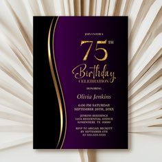 an elegant purple and gold 75th birthday party card with the number 75 on it