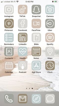 an iphone screen with icons on it and the beach in the backgroung