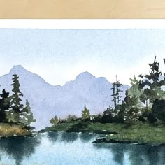 a watercolor painting of trees and mountains in the distance, with a lake running between them