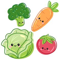 three vegetables with faces drawn on them, one is broccoli and the other has tomatoes