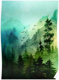 a painting of trees and birds flying in the sky over mountains with foggy clouds