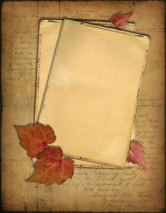 an old fashioned photo frame with leaves and writing on the bottom, in front of a vintage paper background