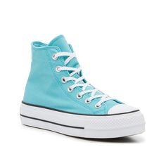 Converse-Chuck Taylor All Star High Top Platform Sneaker - Women's Casual looks get a trendy update with the Chuck Taylor All Star platform sneaker from Converse. This high-top features a bright hue, playful details along the backstay, and a flatform midsole to complement any outfit. Preppy Converse Shoes, Cute Colorful Shoes, Teal Converse, All Star Platform, Blue Converse, Trendy Shoes Sneakers