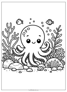 an octopus is swimming in the ocean coloring page