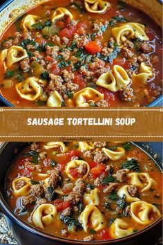 sausage tortellini soup in a skillet