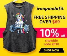 a black shirt with an image of a unicorn on it and the text ironmanfit free shipping over $ 69