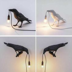 four different angles of a bird lamp with one light turned on and the other turned off