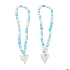 two necklaces with blue and white beads, one is shaped like an elephant's head