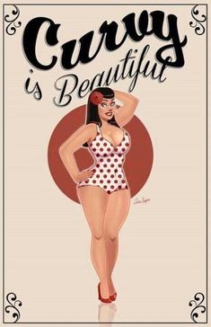 a woman in a polka dot bathing suit with her hands on her hips and the words, curly is beautiful