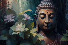 a painting of a buddha statue surrounded by flowers