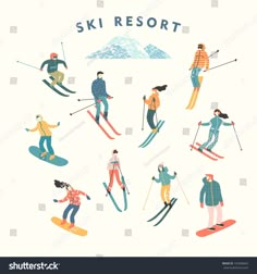 people skiing and snowboarding on skis in different poses, with the words ski resort above