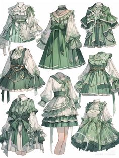 some green and white dresses with bows on the waist, neckline, and long sleeves