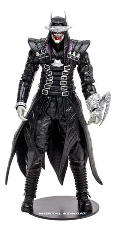 an action figure is shown in black and white, with fangs on his face as he stands