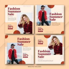 four square banners for fashion sale with woman in red shirt and man in black hat