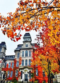 an old building with autumn leaves on the trees