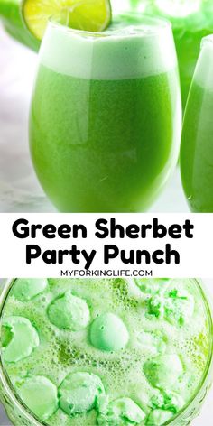 green sherbet party punch with limes in the background and text overlay that reads, green sherbet party punch