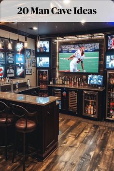 Hang sports memorabilia and team jerseys on the walls. Install multiple TVs so you can watch multiple games at once. Man Cave Workout Room, Man Cave Finished Basement, Bourbon Man Cave Ideas, Tv In Garage Ideas Man Cave, Bourbon Den Ideas, Man Cave Home Bar Office, Country Man Cave Ideas, Basement Remodel Bar Ideas, Mancave Layout Ideas